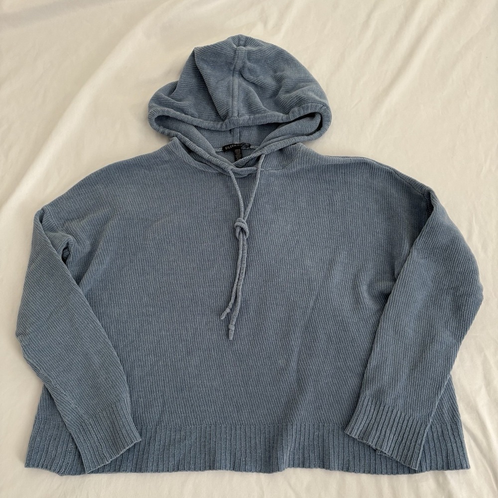 Eileen Fisher Chenille Hooded Sweatshirt Small Light Blue Hoodie Organic‎ Cotton